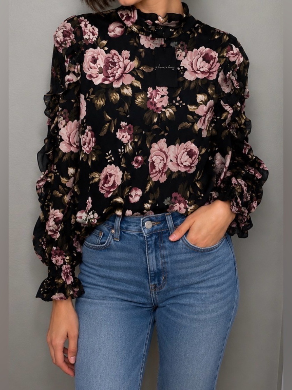 A Love Story Blouse Ruffled Sleeves Floral Black Romantic Flowy Mock Neck Top